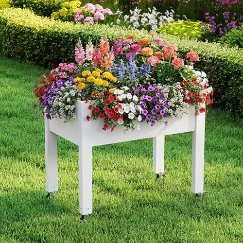 Raised Garden Bed with Wheels, Resin Elevated Planter Box, White - Image 2