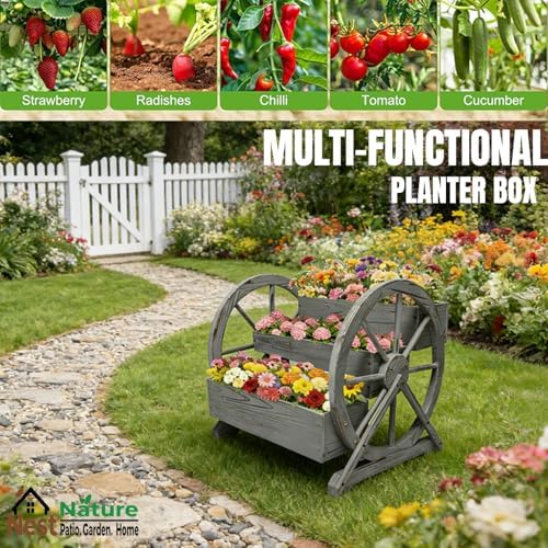 NestNature Wooden Wagon Planter Box|Raised Garden Bed W/Wheels for Plants - Image 3