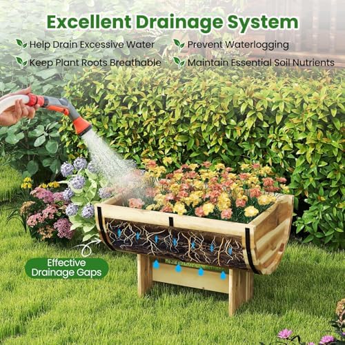 Giantex Set of 2 Half Barrel Raised Garden Bed, Acacia Wood Planter Box for Flower Vegetable Fruit, Outdoor Indoor Plant Pot with Legs for Garden Decoration, 18"x12"x11.5" - Image 3
