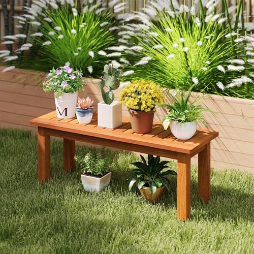 Tangkula Wooden Plant Stand, Outdoor Indoor Solid Wood Flower Pot Holder Display Shelf with Teak Oil Finish, Slatted Top, Rustic Plant Rack for Patio Garden Entryway Porch - Image 3