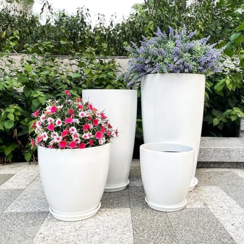 ZMTECH 24/21/12/10" H Large Plastic Planters with Drainage Hole and Saucer -Set of 4 Tall Plant Pots for Indoor & Outdoor Use,White Glossy Smooth Lightweight Flower Pot for Front Porch Patio Deck - Image 3