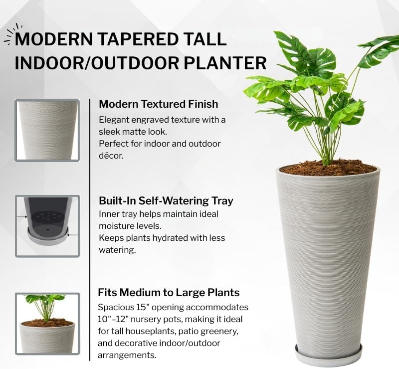 XBrand 28-Inch Tall Round Tapered Planter, Decorative Indoor & Outdoor Plant Pot for Patio, Porch, Garden and Home Decor, Modern Accent Planter, Set of 2, Gray - Image 6