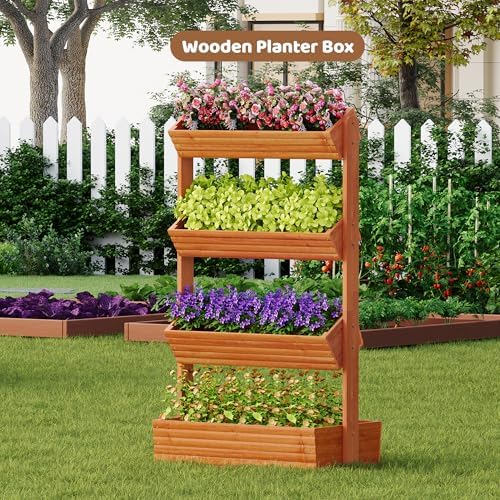Wooden Raised Garden Bed Vertical Planter Box, Freestanding Plant Stand for Indoor Outdoor Plants, Herbs, Flowers, Vegetables, Gardening (Reddish Brown, 4-Tier，29.9 x 17.9 x 55in) - Image 4
