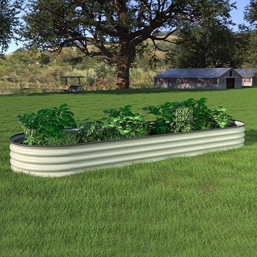 MUPATER 8x2x1 ft Raised Garden Bed Outdoor for Vegetables, 9-in-1 Galvanized Metal Planter Box, 11.1'' H Modular Garden Bed Kit Oval for Herbs and Flowers, Pearl White - Image 2