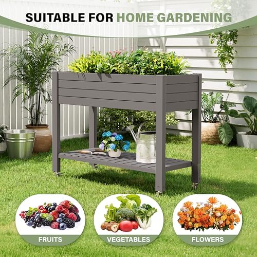 33.7" Tall Raised Garden Bed with Wheels, Divisible Plastic Planter Box with Drainage Gauge & Storage Shelf, Herb Garden Planter for Garden Patio Backyard, Gray (33.7" h) - Image 5