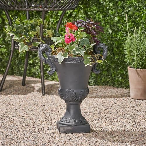 Christopher Knight Home Jorine Patio Planter, Light Concrete Planter, Mid-Centry Gadern Urn, Floral Relif Design Plant Pot, Large Garden Pot, Flower Urn with Drainage Hole for Backyard Home, Black - Image 2