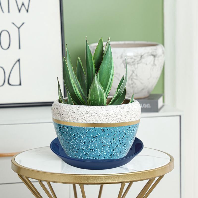 Ceramic Plant Saucer Tray 12 14 15 Inch Blue, 15" OD x12.25 ID x2.2 Deep Extra-Large Size Sturdy Heavy Duty Glazed Bevel Planter Drip Flower pots with Catch Basin for Indoor Outdoor Plants - Image 4