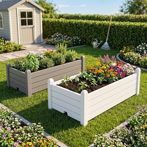 PatioZen Raised Garden Bed, Self-Watering Resin Planter Box, Planter Boxes Outdoor with Drain Plug for Vegetables, Flowers, Plants(Ashen) - Image 4