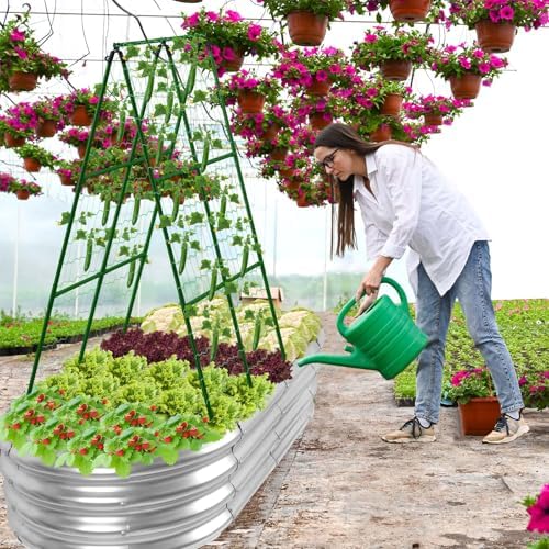 Galvanized Raised Bed with Cucumber Trellis, Garden Arch Trellis Outdoor Reusable A-Frame Metal Trellis with Trellis Net for Pea Vegetable Bean Grape Vines Flowers Climbing Plants Stand Support - Image 2