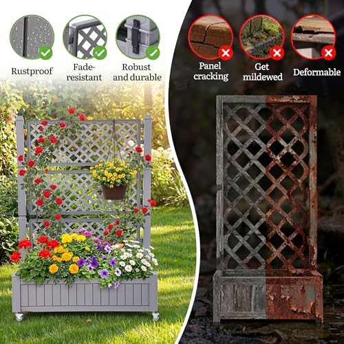 YITAHOME 42.5x14.2x61 in Planter Box with Trellis/Outdoor Privacy Screen, All-Weather Raised Garden Bed with Wheels & Drain Plug for Climbing Plants Flowers Herbs, Brown - Image 4