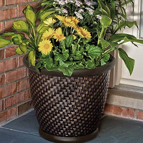Suncast 18" x 16.5" Resin Planter - Lightweight Contemporary Flower Pot for Plants - Indoor and Outdoor Use, Home, Patio, Garden, - Herringbone Wicker, Dark Brown - Image 4
