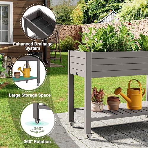 Raised Garden Bed with Shelf, Rolling Resin Planter Box, Gray - Image 4