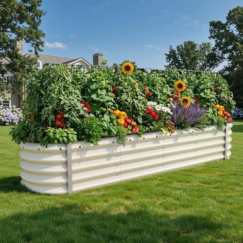 YITAHOME 8x2x1.5ft Galvanized Oval Raised Garden Bed, Metal Planter Box with Safety Rubber, Gloves, Outdoor Flower Bed for Planting Plants Vegetables, Cream Yellow - Image 2