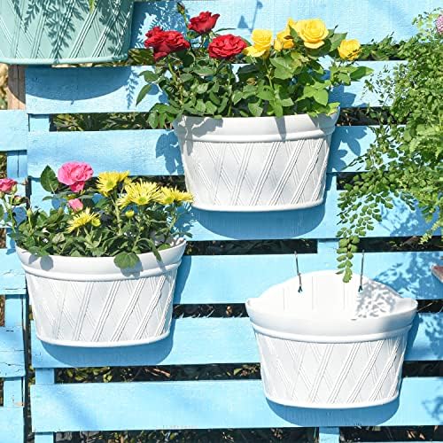 Sungmor Wall Hanging Planters,11.5 Inch Hanging Flower Pots for Railing Fence - Indoor Outdoor Balcony Wall Hanging Basket, Plastic Plant Pot Container - Half Round & 3PC Pack & Grey White by Sungmor