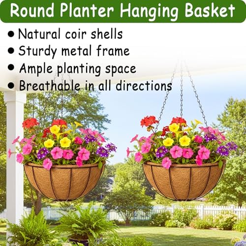 4pcs 14 inch Metal Hanging Baskets Round Wire Plant Stand with Coco Lining Cushion Decorative Planter Hanger Garden Indoor Outdoor Watering Hanging Basket （XG） - Image 2