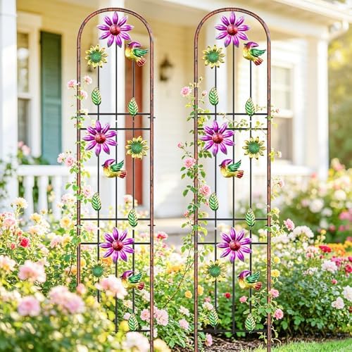 Metal GardenTrellis, Arched Fence Trellis Plant Support Trellises, Supporting Plants Outdoor Decoration for Climbing Plants Lawn Yard Patio Backyard Wall Brackets (Bird+Pink Flower) - Image 6