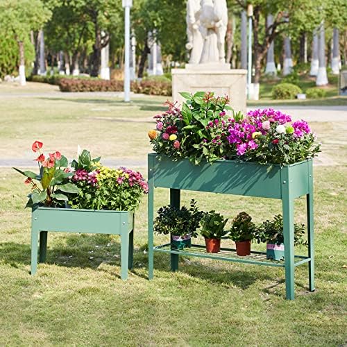 Raised Garden Bed, Elevated Planter Green Metal Plant Box with Legs Standing Garden Stand Drainage Holes Green - Image 6