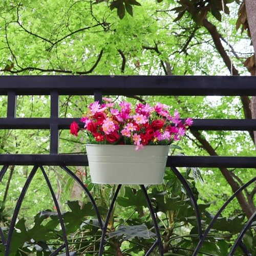 3 Pack Metal Railing Planters, 10.5" Oval Hanging Flower Pots with Detachable Hooks & Drainage Holes, Fits Rails up to 2.36", Galvanized Iron Fence Bucket for Balcony Garden Patio - Blue - Image 5