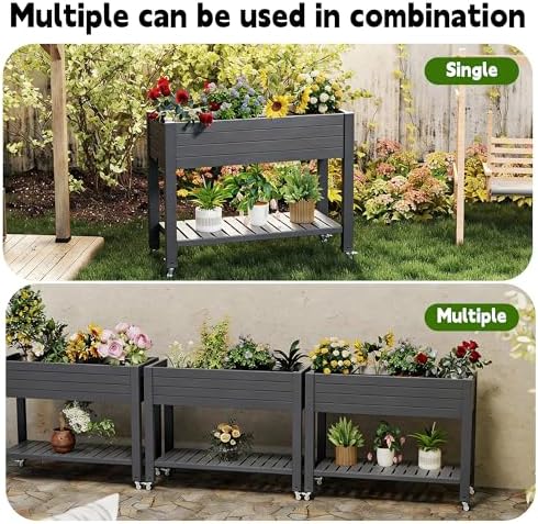 Elevated Raised Garden Bed with Legs, 33.66" Tall Self-Watering Resin Outdoor Planter Box with Storage Shelf, Drain Plug Water & Monitor for Plants Vegetables Flowers Fruits (Black) - Image 3
