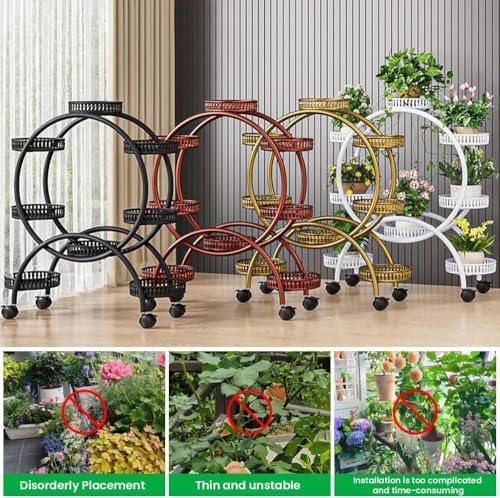4 Tier Metal Plant Display Rack,4 Tier Tall Plant Stand with 4 Wheels Indoor Outdoor Round Flower Stand 6 Flower Pot Holder Display for Patio Garden Corner Balcony Living Roomv (Black, Six trays) - Image 4