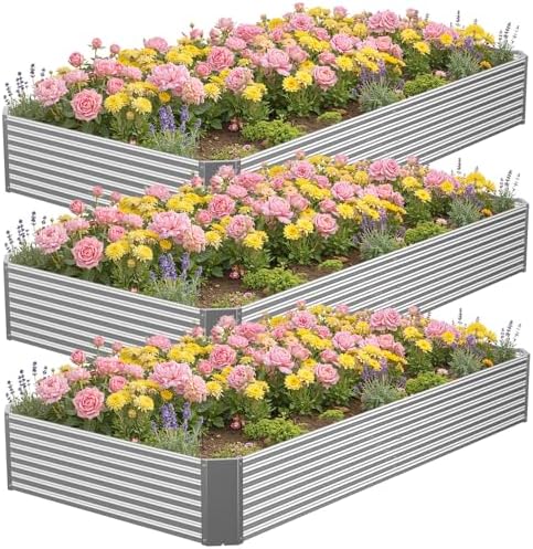 3 Pcs 8 x 4 FT Galvanized Steel Raised Garden Bed – Outdoor Planter Box for Root Vegetables, Herbs & Flowers, Large Metal Garden Beds for Backyards, Terraces and Balconies by Annzoe