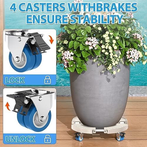 VANCASTLE Plant Caddy with Lockable Wheels 15-22'' Adjustable Plant Stand - Image 3