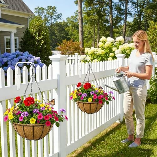 4pcs 14 inch Metal Hanging Baskets Round Wire Plant Stand with Coco Lining Cushion Decorative Planter Hanger Garden Indoor Outdoor Watering Hanging Basket （XG） - Image 7