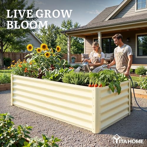 YITAHOME 6x3x3ft Large Raised Garden Bed Kit, Galvanized Metal Planter Box with Gloves, Support Rod, Outdoor Above Ground Planters for Plants Vegetables Flowers, Cream Yellow - Image 3