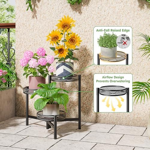 3 Tier Metal Plant Stand Indoor Outdoor, Corner Tall Plant Shelf for Multiple Plants, Foldable Heavy Duty Plant Holder, Decoration Flower Pot Stand for Patio Living Room Balcony Garden - BlackFlower - Image 4