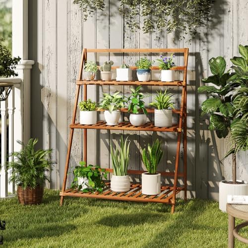 HAPPYGRILL 3-Tier Plant Stand Indoor, Folding Flower Pot Display Shelves with Anti-falling Crossbar & Non-slip Feet, Tall Plant Shelf for Patio Garden Balcony Living Room Outdoor - Image 2