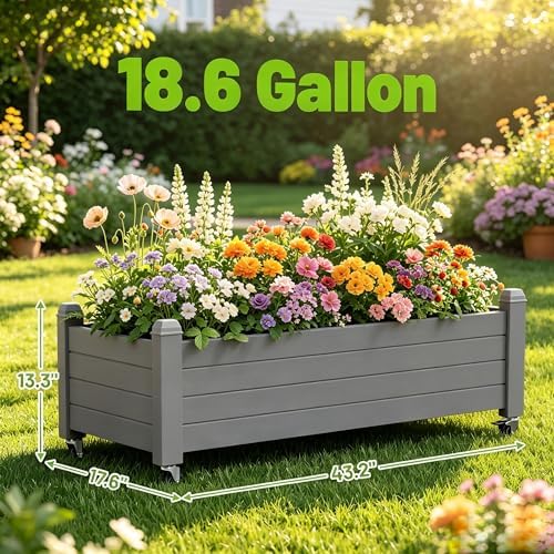 Raised Garden Bed with Wheels, Rolling Resin Planter Box, Gray - Image 4