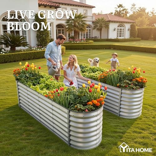 YITAHOME 8x2x2ft Galvanized Oval Raised Garden Bed, Metal Planter Box with Safety Rubber, Gloves, Outdoor Flower Bed for Planting Plants Vegetables, Silver - Image 3