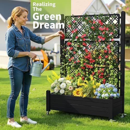 PatioZen Raised Garden Bed with Trellis, 21 Gallon Self Watering Planter Box with Lockable Wheels & Drainage Holes for Climbing Plants Vegetables Flowers, Anti-Rust Resin for Backyard Patio (Black) - Image 4