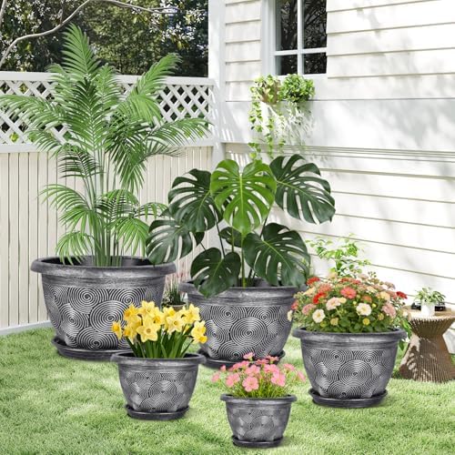 12-Inch -Plastic-Pots -For-Plant With Saucer, 4 Pack Outdoor Planters With Drainage Holes, Decorative Flower Pots For Indoor Plants, Modern 3D Swirl Silver Large Plant Pots With With Removable Tray - Image 7