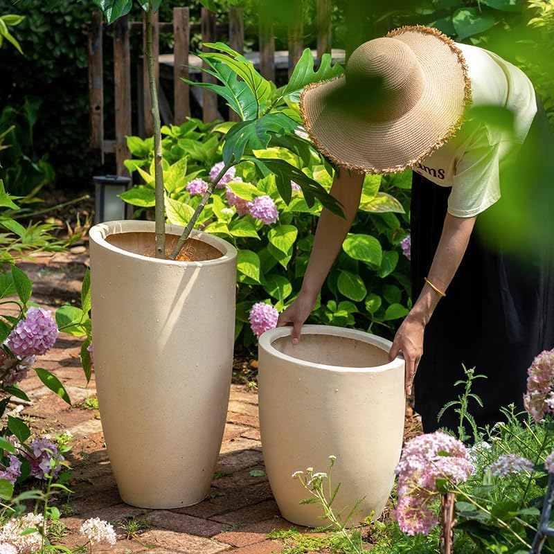 Bevel Mouth Concrete Tall Flower Pot, Large Outdoor Decorative Plant Pot with Drainage Hole,Modern Planter Pots for Home,Garden,Patio,Courtyard,Porch,Beige2 - Image 6