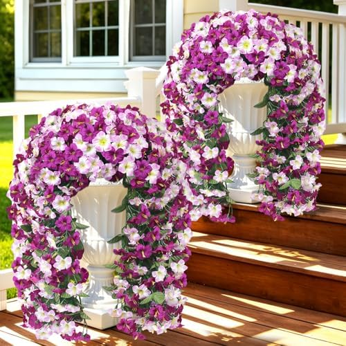 Artificial Hanging Flowers for Outdoors, 4 PCS 544 Blooms UV Resistant Morning Glory Faux Silk Vines, No-Odor Realistic Fake Plants for Garden Planter Porch Patio Decoration, Lotus Lightpurple by JulakoOnline