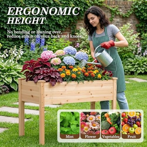 Raised Garden Bed with Legs, 48x24x30 inch Wood Elevated Planter with Protective Liner for Vegetable Flower Herb, Outdoor Planter Box Kit for Balcony Patio Backyard, Natural - Image 4
