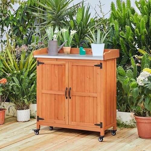 Yaheetech Rolling Potting Bench Outdoor Storage Cabinet, Metal Top, Brown - Image 2