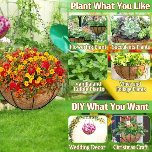 ZeeDix 6 Pack 14 Inch Metal Round Hanging Planter Basket with Coconut Liners Replacement, Hanging planters Baskets with Natural Coco Liner for Outdoor Indoor Planters Flowers Vegetables - Image 4