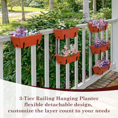 OYEAL Hanging Flower Pots for Railing Fence Outdoor Window Boxes Planter with Adjustable Hooks, Set of 2 Deck Rail Planters with 6 Detachable Plastic Planter Boxes, Drainage Holes, Brick Red - Image 3
