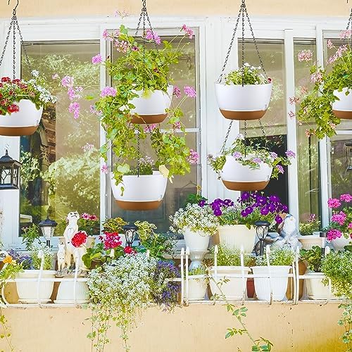 Remerry 6 Pcs 11.2 Inch Hanging Planters Hanging Plant Basket for Indoor Outdoor Plants Set Plastic Hanging Flower Pot with Drainage Holes and Removable Trays for Home Garden (White) - Image 2