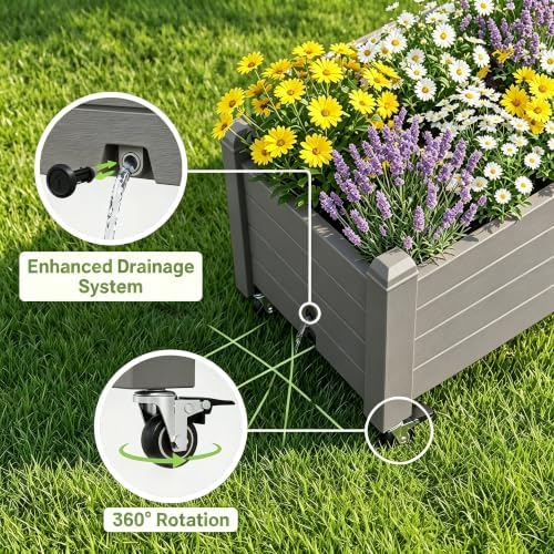 Raised Garden Bed with Wheels, Rolling Resin Planter Box,Brown - Image 6