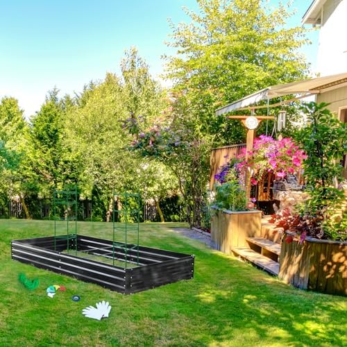 ONCEMORE Galvanized Raised Garden Bed for Vegetables Flowers Herbs, Metal Raised Garden Bed Kit with 2 PCS Tomato Cage, Gloves, Trellis Netting, Plant Labels, Plant Ties, Black 8×4×1FT - Image 6
