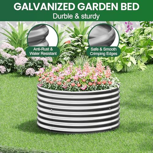 5 Pack Round Galvanized Raised Garden Bed Outdoor, Metal Garden Bed for Vegetables, Above Ground Garden Box for Flower, Steel Raised Beds for Gardening - 2FT - Image 5