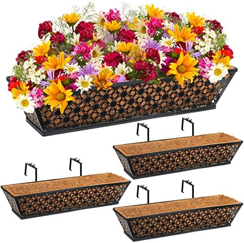 Potchen 4 Pieces Railing Planter Boxes, 24 Inches Window Box Planters with Coco Liner and Adjustable Brackets for Deck Porch Fence Patio Balcony Gardening Outdoor Plants by Potchen