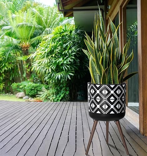 D'vine Dev Planter Pot with Wood Stand, 16 in, White/Black, 88-G-E-4 - Image 2