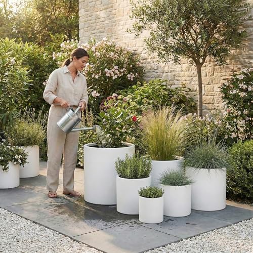 DTY Mount Powell 13.8" D x 13.8" H (Pot Opening 10.6") Fiberstone Cylindrical Planter with Drainage Hole, Weather Resistant for Indoor & Outdoor Use, Includes 2 Extra Coco Mats - White, Large - Image 4