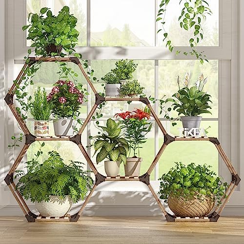 Tikea Hexagonal Indoor Outdoor Plant Stand, 7-Tier Wooden Plant Shelf by Tikea