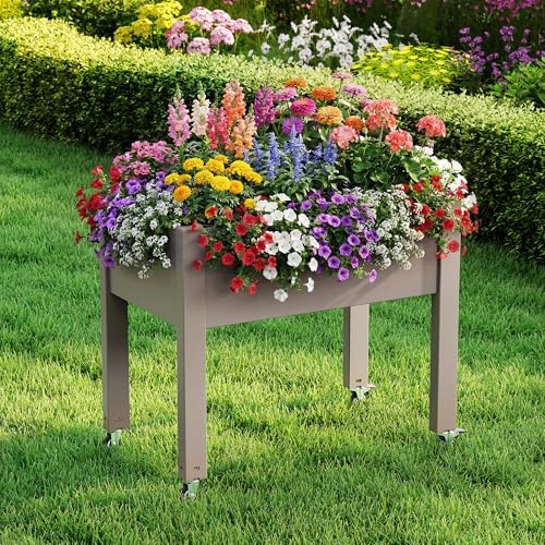 Raised Garden Bed with Wheels, Resin Elevated Planter Box, Brown - Image 2