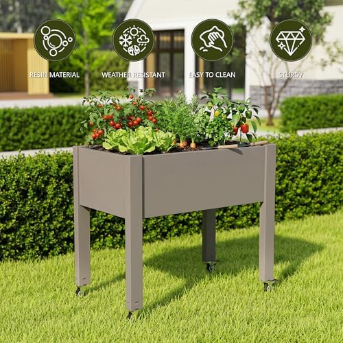 Raised Garden Bed with Wheels, Resin Elevated Planter Box, Brown - Image 5